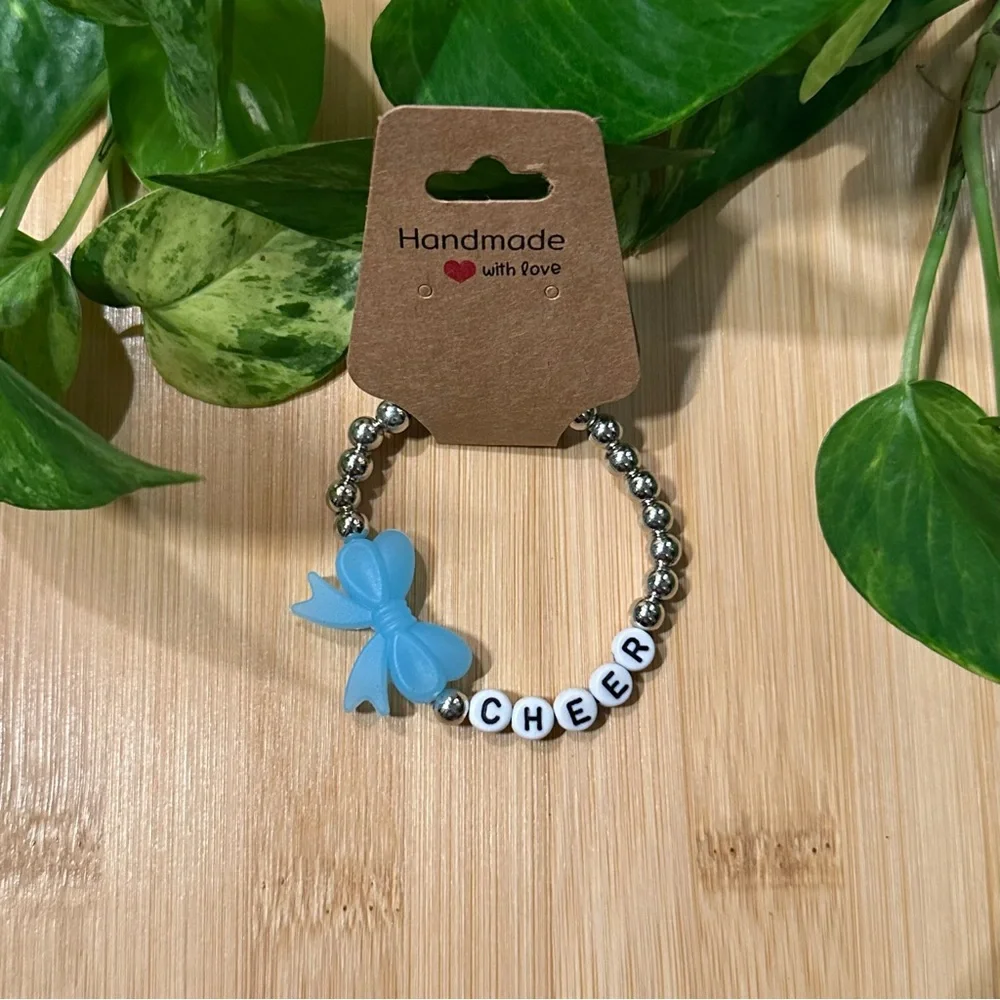 Silver Kids’ Stretchy Beaded Cheer Bracelet | Handmade | Silicone Bow 📣✨ - Picture 1 of 1